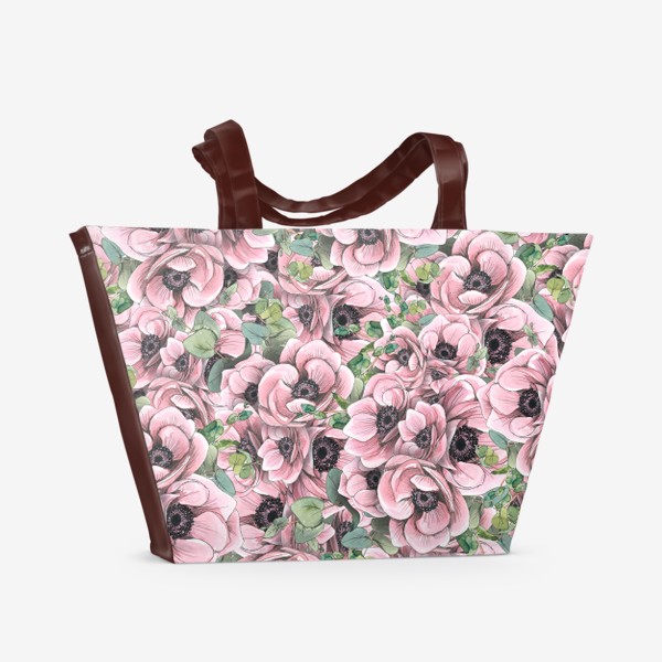 Пляжная сумка &laquo;Цветы розовые анемоны с эвкалиптом. Акварель, графика, паттерн.&raquo;
