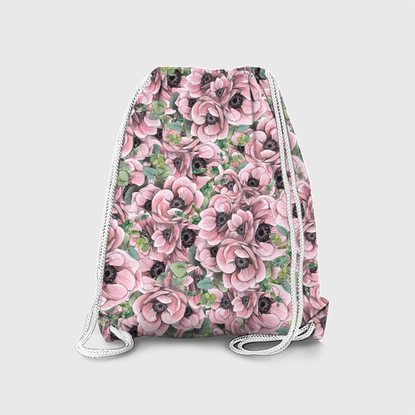 Рюкзак «Цветы розовые анемоны с эвкалиптом. Акварель, графика, паттерн.»