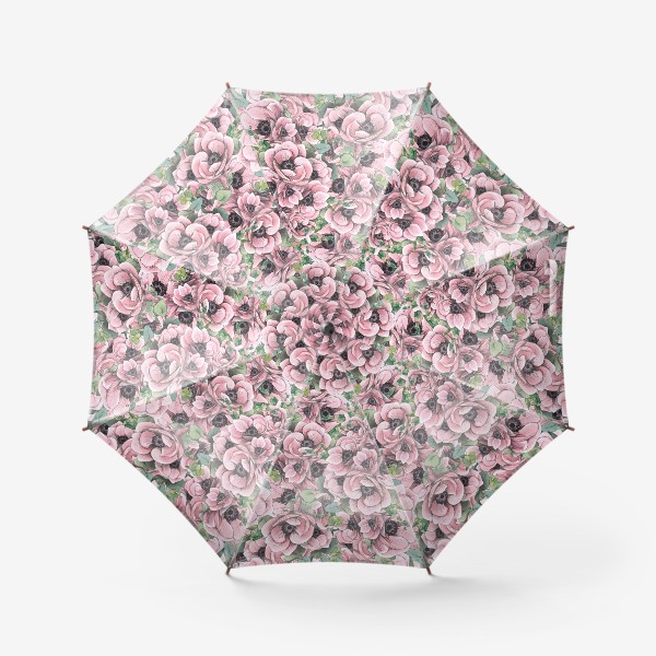 Зонт «Цветы розовые анемоны с эвкалиптом. Акварель, графика, паттерн.»