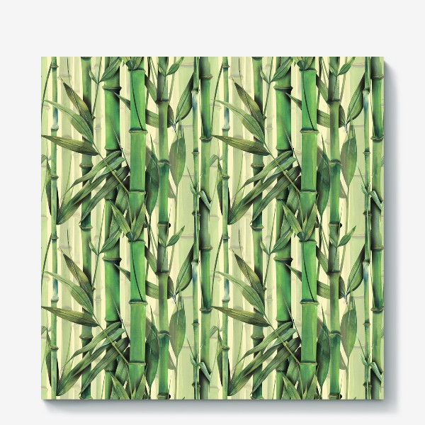 Холст «Бамбуковые стебли, листья, ветки. Бамбуковый, тропический лес. Акварельный паттерн.»