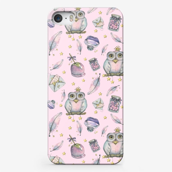 Чехол iPhone «Волшебные совы, совушки, перья, сладости. Акварельный, розовый паттерн.»