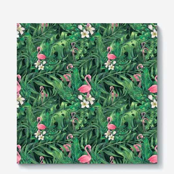 Холст «Тропический паттерн, с розовым фламинго, листьями пальмы. Акварельный.»