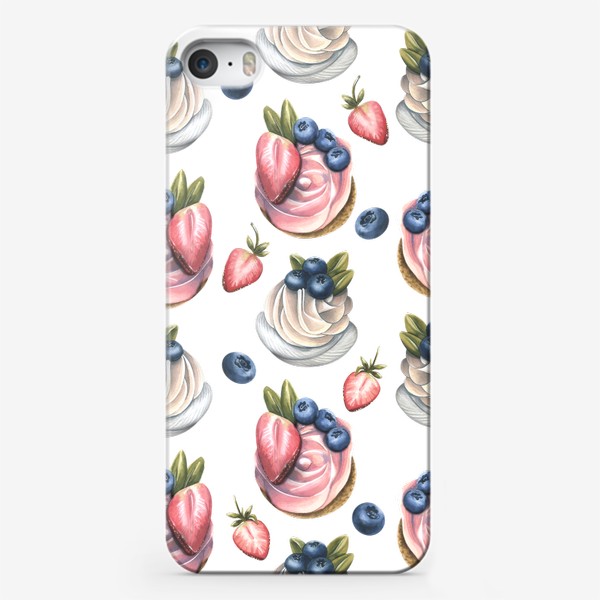 Чехол iPhone «Капкейки с кремом и ягодами. Акварельный паттерн.»
