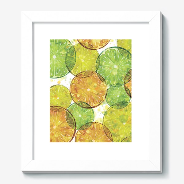 Картина «Цитрусовые апельсины, лимоны, лайм кусочки круглые. Акварельный паттерн.»