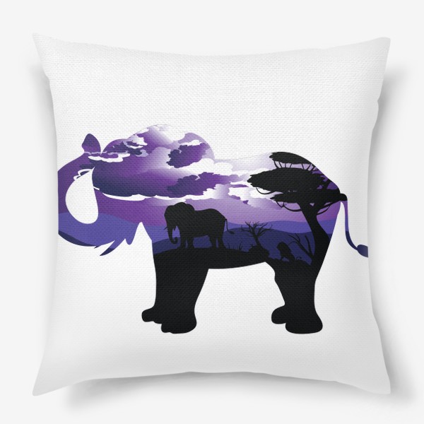 Подушка «Силуэт слона и сумеречный пейзаж»