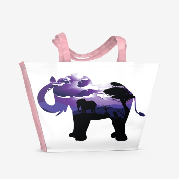 Пляжная сумка «Силуэт слона и сумеречный пейзаж»