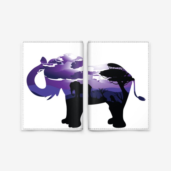 Обложка для паспорта «Силуэт слона и сумеречный пейзаж»