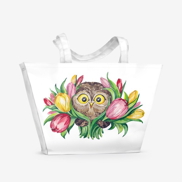 Пляжная сумка «Сова с букетом тюльпанов»