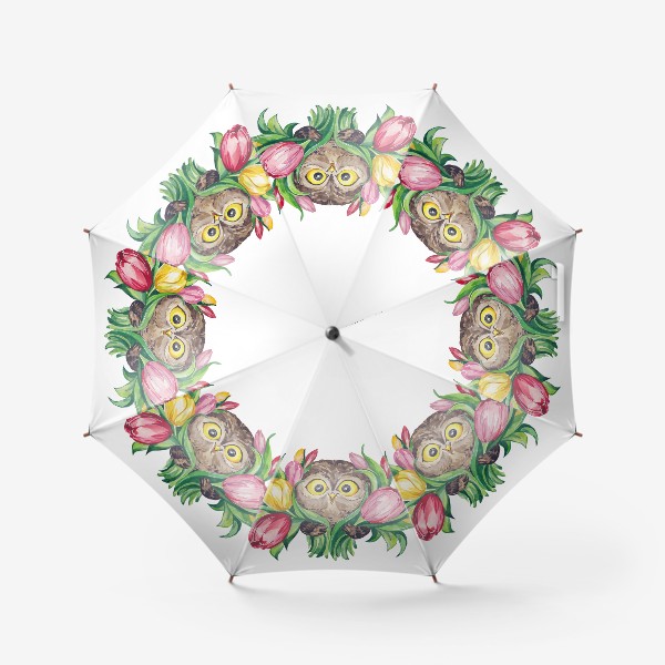 Зонт «Сова с букетом тюльпанов»