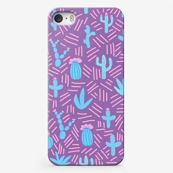 Чехол iPhone «Синие кактусы на фиолетовом паттерн»