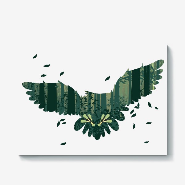 Холст «Летящая сова и зеленый лес»