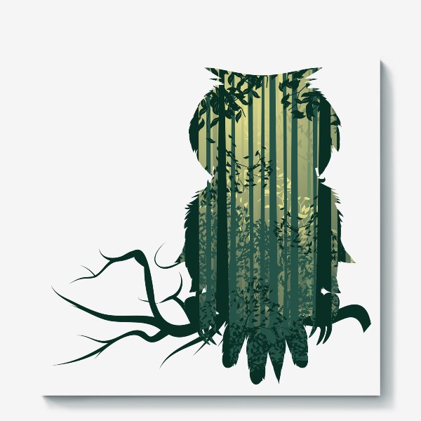 Холст «Сова на ветке и зеленый лес»