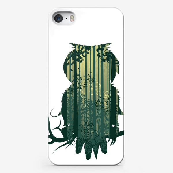 Чехол iPhone «Сова на ветке и зеленый лес»