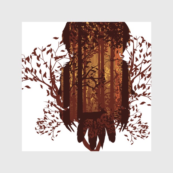 Шторы «Сова на ветке и осенний лес»