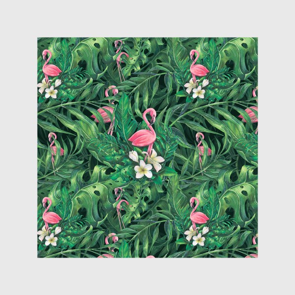 Шторы &laquo;Тропический паттерн, с розовым фламинго, листьями пальмы. Акварельный.&raquo;