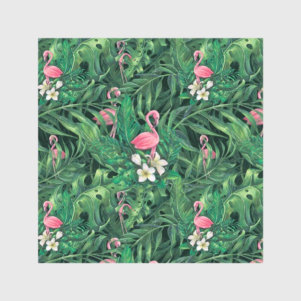 Скатерть &laquo;Тропический паттерн, с розовым фламинго, листьями пальмы. Акварельный.&raquo;