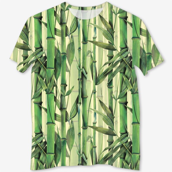 Футболка с полной запечаткой «Бамбуковые стебли, листья, ветки. Бамбуковый, тропический лес. Акварельный паттерн.»