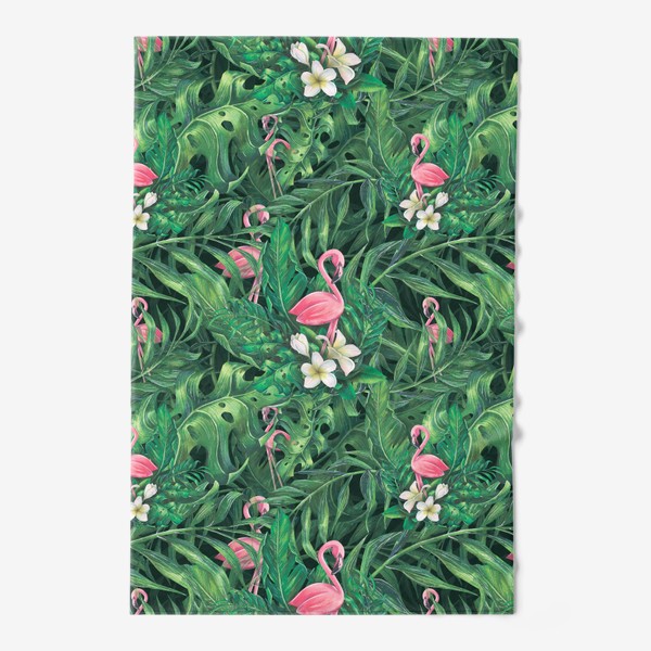 Полотенце «Тропический паттерн, с розовым фламинго, листьями пальмы. Акварельный.»