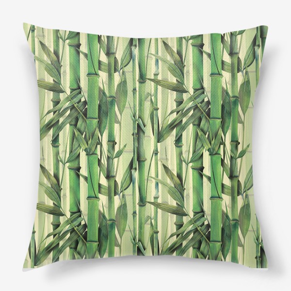 Подушка «Бамбуковые стебли, листья, ветки. Бамбуковый, тропический лес. Акварельный паттерн.»
