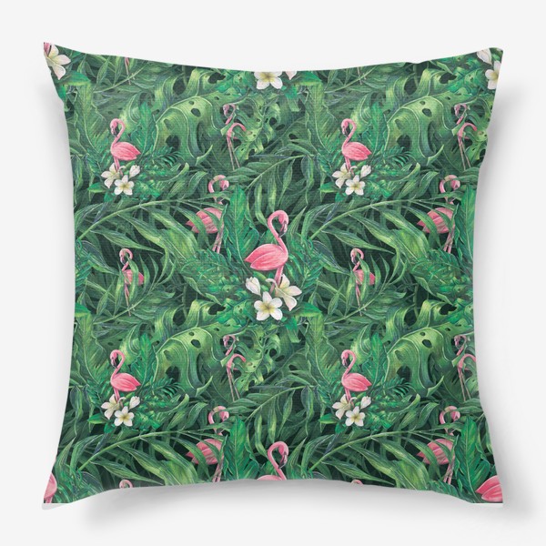 Подушка «Тропический паттерн, с розовым фламинго, листьями пальмы. Акварельный.»