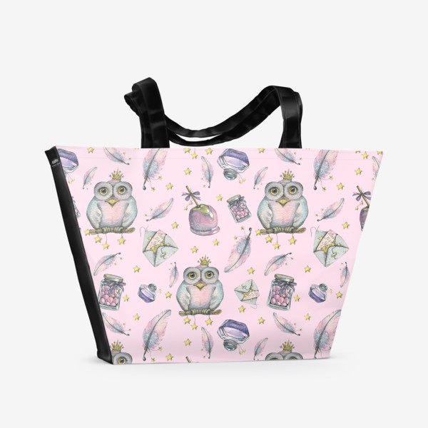 Пляжная сумка «Волшебные совы, совушки, перья, сладости. Акварельный, розовый паттерн.»