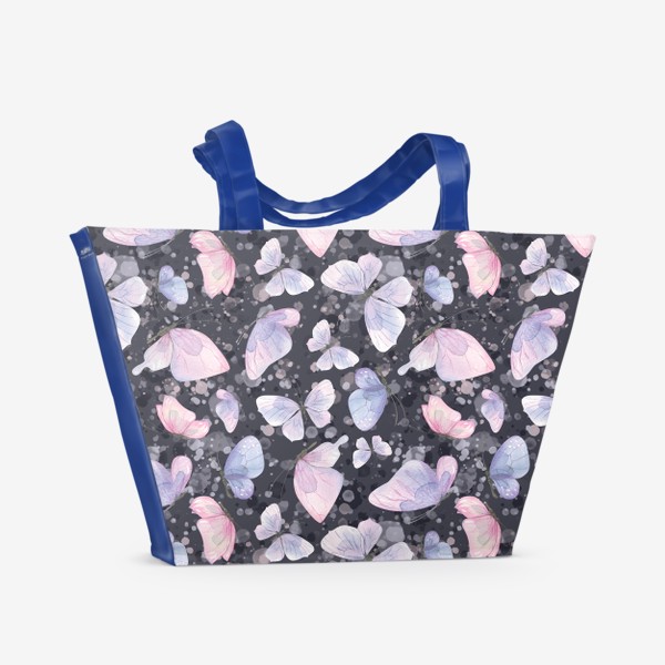 Пляжная сумка «Розовые и сиреневые бабочки на темном фоне. Акварельный паттерн.»