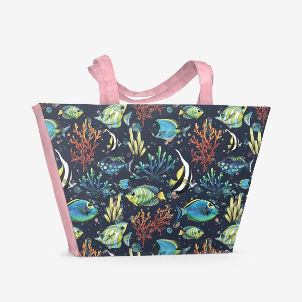 Пляжная сумка «Коралловые рифы, яркие тропические рыбки. Акварельный паттерн.»