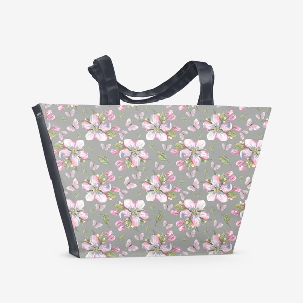 Пляжная сумка «Яблоневые цветы розовые с бабочками. Акварельный паттерн.»