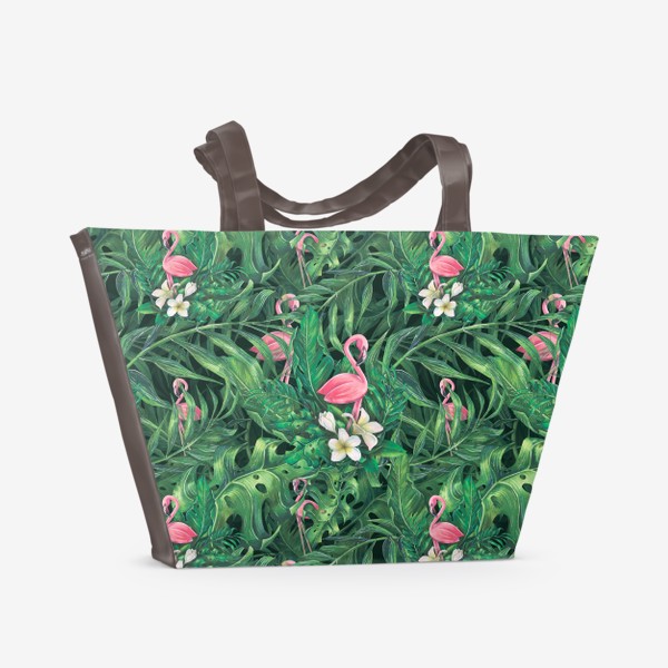 Пляжная сумка «Тропический паттерн, с розовым фламинго, листьями пальмы. Акварельный.»
