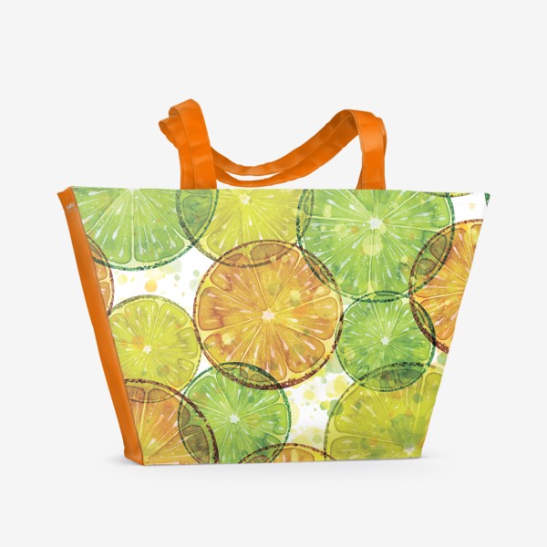 Пляжная сумка «Цитрусовые апельсины, лимоны, лайм кусочки круглые. Акварельный паттерн.»