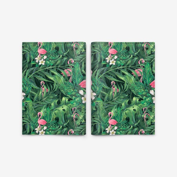 Обложка для паспорта «Тропический паттерн, с розовым фламинго, листьями пальмы. Акварельный.»