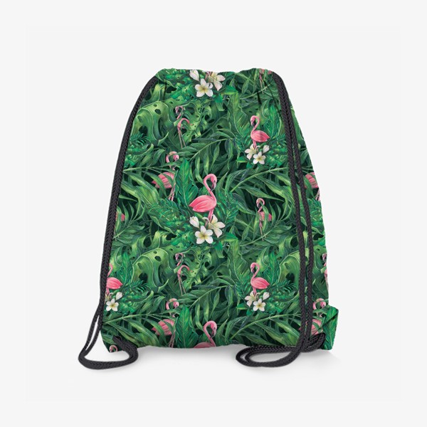 Рюкзак «Тропический паттерн, с розовым фламинго, листьями пальмы. Акварельный.»