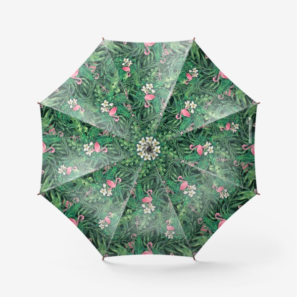 Зонт &laquo;Тропический паттерн, с розовым фламинго, листьями пальмы. Акварельный.&raquo;