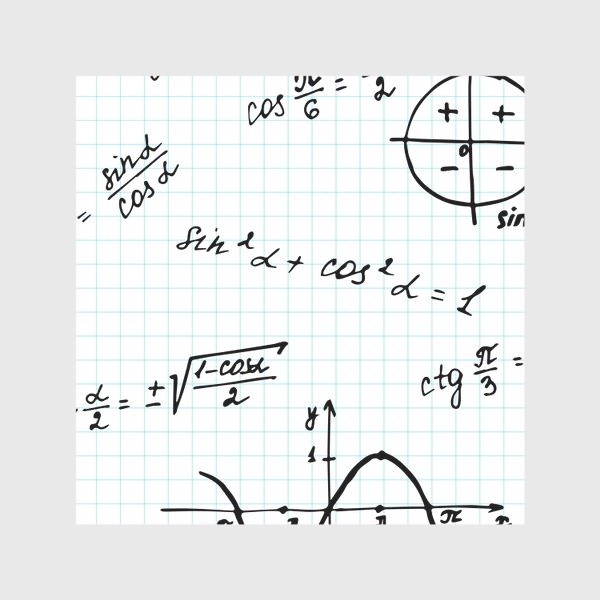 Скатерть «фон из школьной тетради в клеточку с формулами и графиками по математике, тригонометрии»