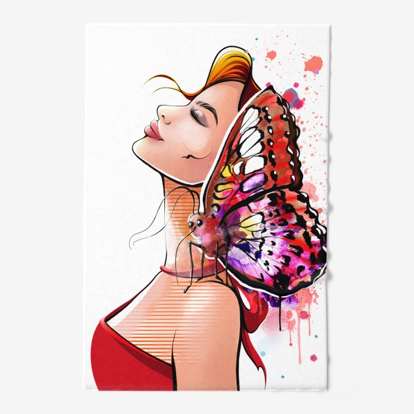 Полотенце «Девушка в красном с бабочкой на плече»