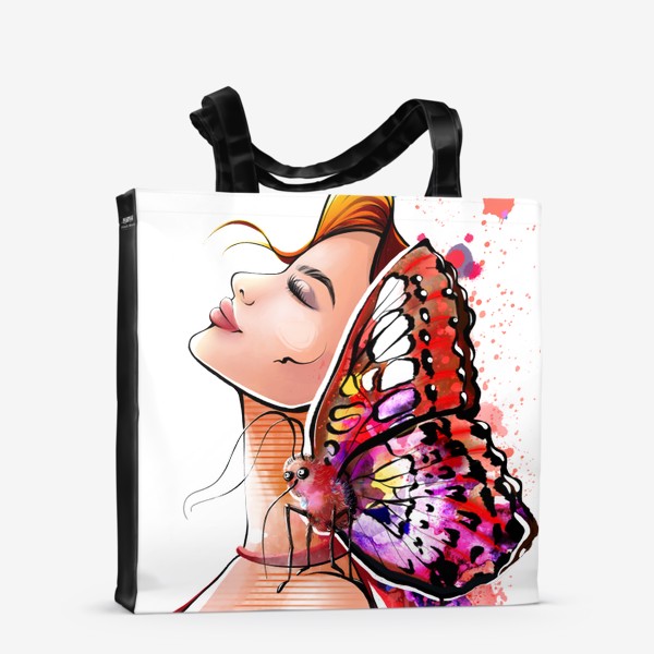 Сумка-шоппер «Девушка в красном с бабочкой на плече»