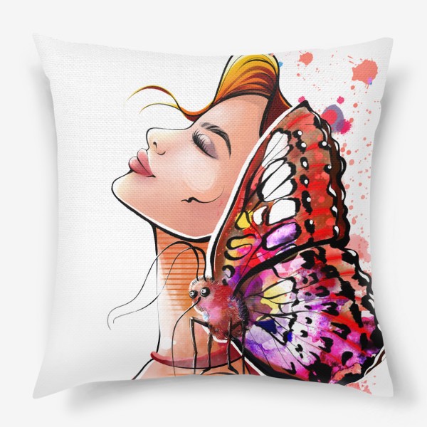 Подушка «Девушка в красном с бабочкой на плече»