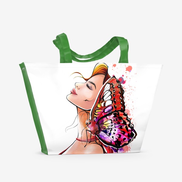 Пляжная сумка «Девушка в красном с бабочкой на плече»
