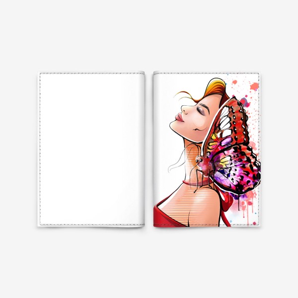 Обложка для паспорта «Девушка в красном с бабочкой на плече»