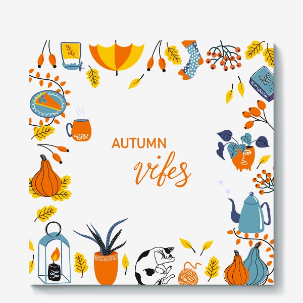 Холст «Autumn vibes. Красивый фон с уютными предметами и опадающей листвой. Осенняя тема»