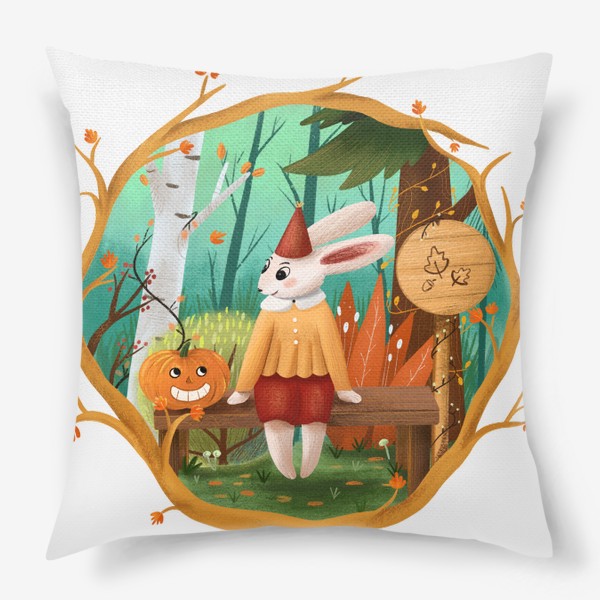 Подушка «Тыква и кролик, волшебный лес и осень»