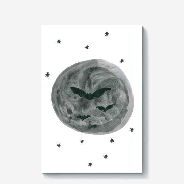 Холст &laquo;Large mystical Halloween moon - Большая мистическая луна Хэллоуина с силуэтами летучих мышей в оттенках серого&raquo;