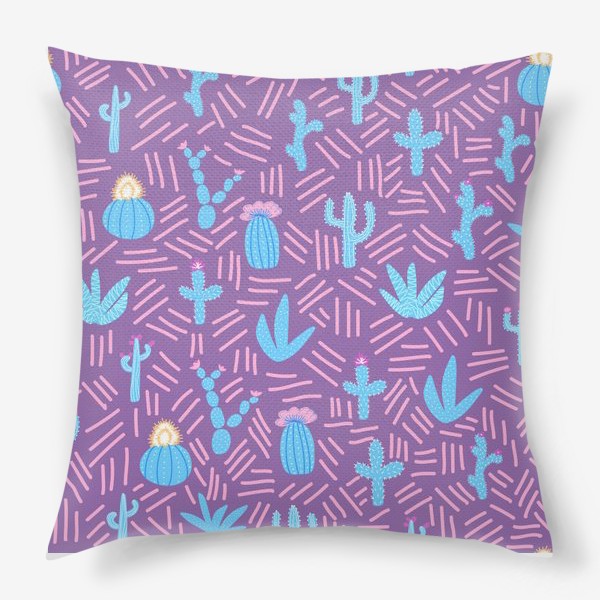 Подушка «Синие кактусы на фиолетовом паттерн»