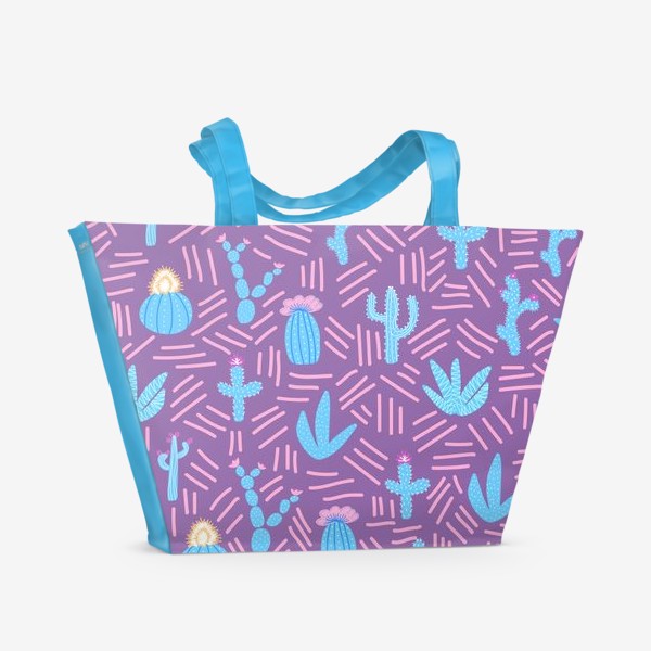 Пляжная сумка «Синие кактусы на фиолетовом паттерн»