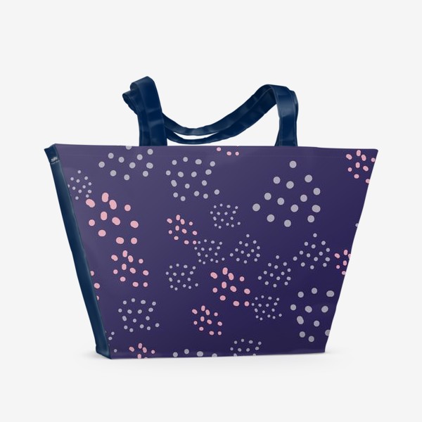 Пляжная сумка «Узор polka-dot, горошек, крапинки, кружочки паттерн. Розовый и серый на темно-синем»