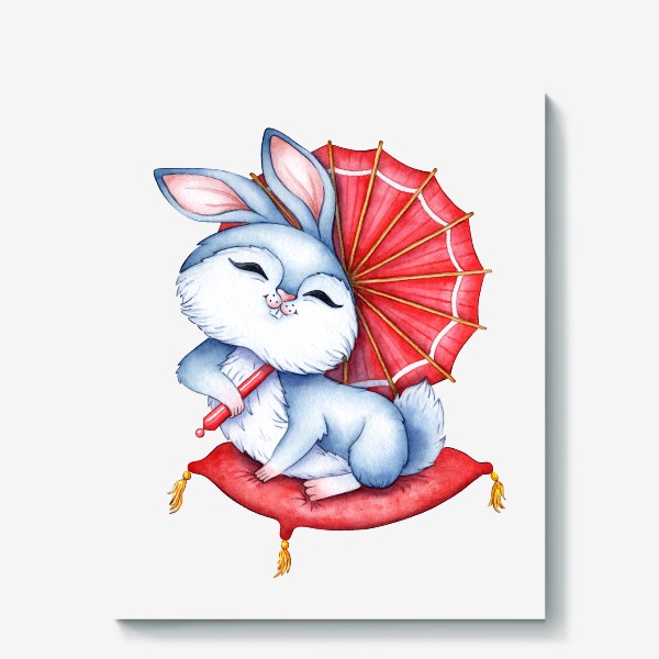 Холст &laquo;Кролик на подушечке с зонтиком / Милый зайчик &raquo;