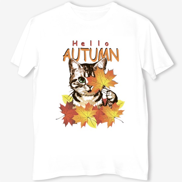 Футболка «Привет, Осень! Котёнок с оранжевыми листьями.»