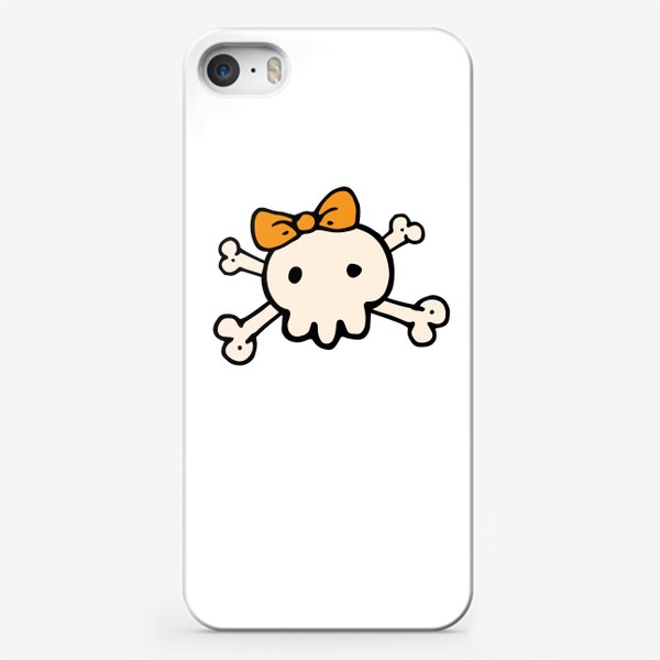 Чехол iPhone «милый череп с скрещенными костями и оранжевым бантиком на голове, детский смешной принт к хэллоуину»
