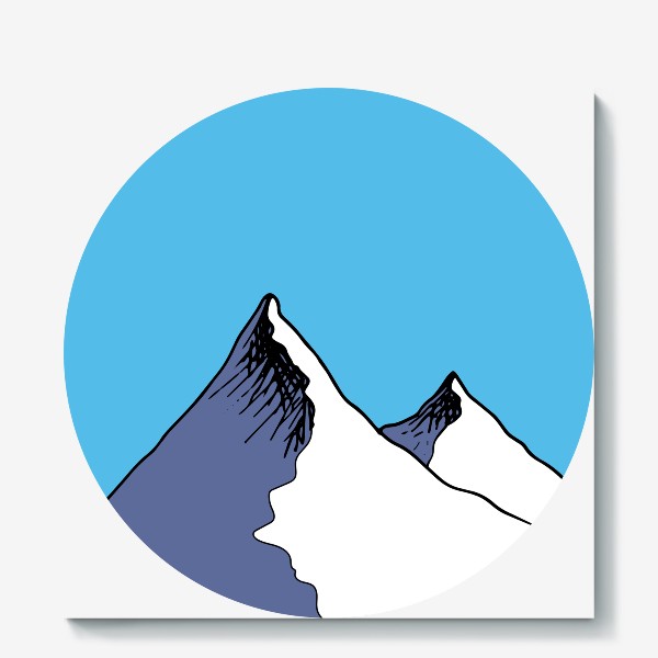 Холст «Две снежные горы на голубом фоне неба в форме круга, серая снежная вершина горной цепи»