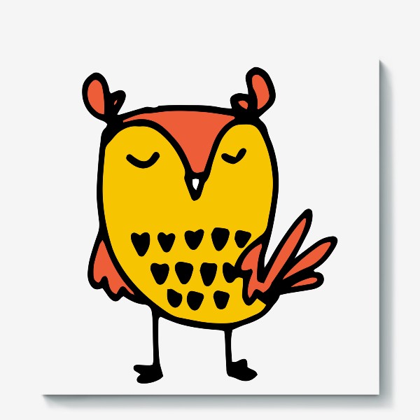 Холст &laquo;осенняя птичка в желто оранжевых цветах. смешная сова в дудул стиле &raquo;